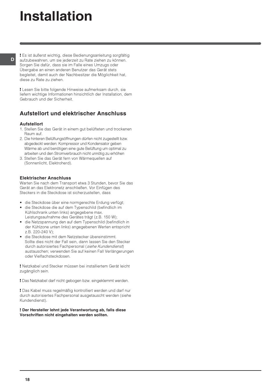 Installation, Aufstellort und elektrischer anschluss | Indesit IN CB 310 D User Manual | Page 18 / 32
