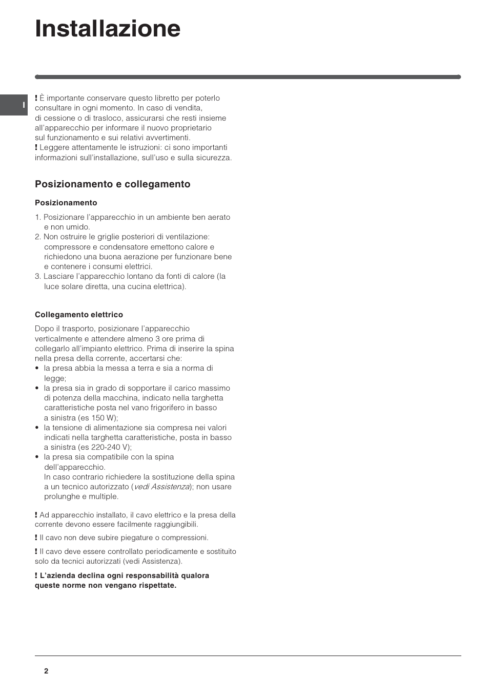 Installazione | Indesit IN CB 310 D User Manual | Page 2 / 32