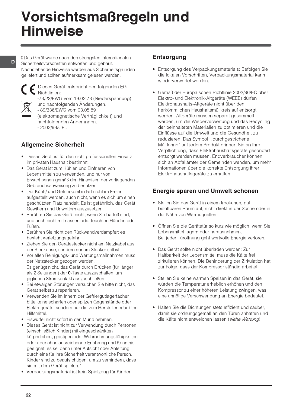 Vorsichtsmaßregeln und hinweise | Indesit IN CB 310 D User Manual | Page 22 / 32