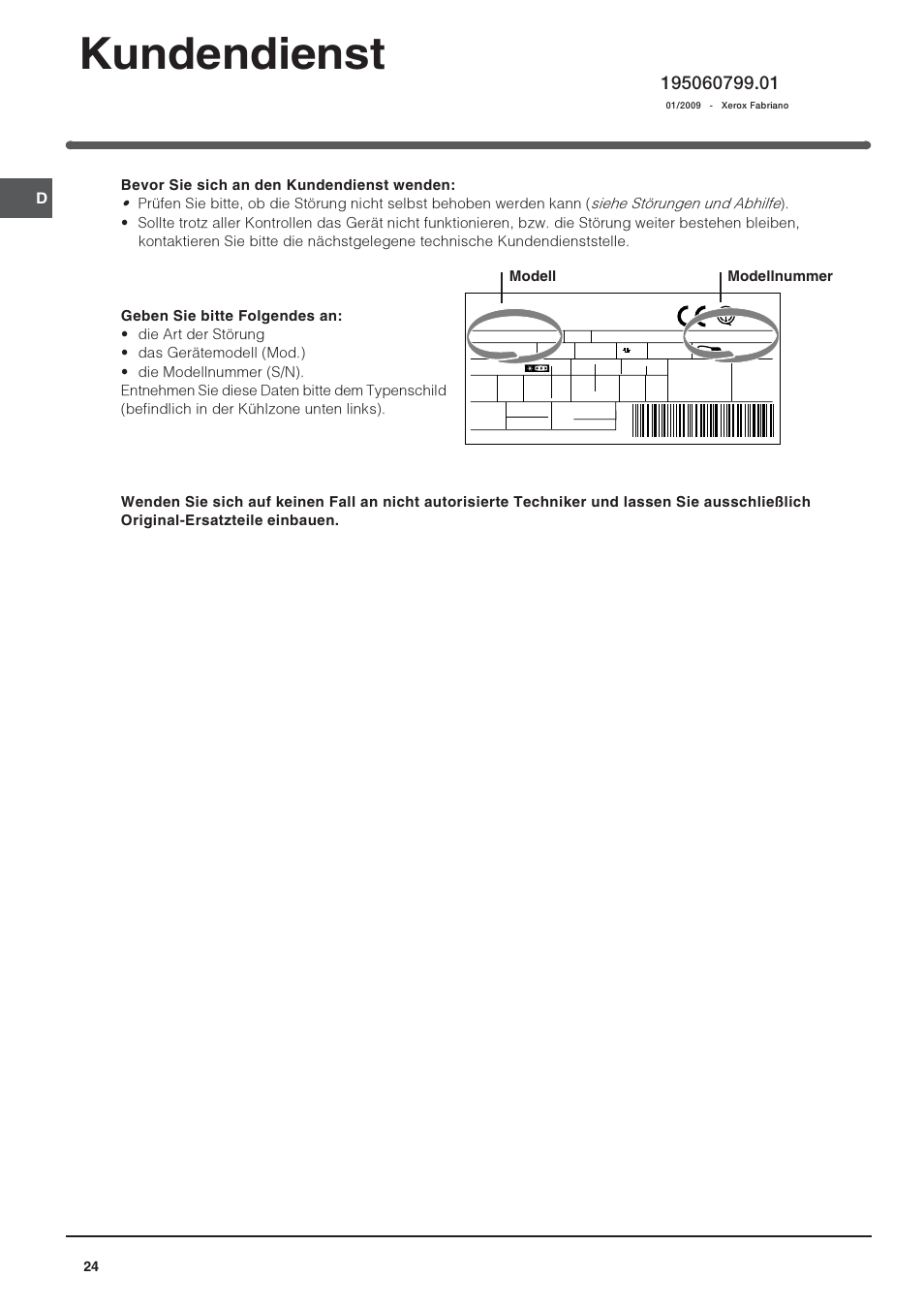 Kundendienst, Modell modellnummer | Indesit IN CB 310 D User Manual | Page 24 / 32