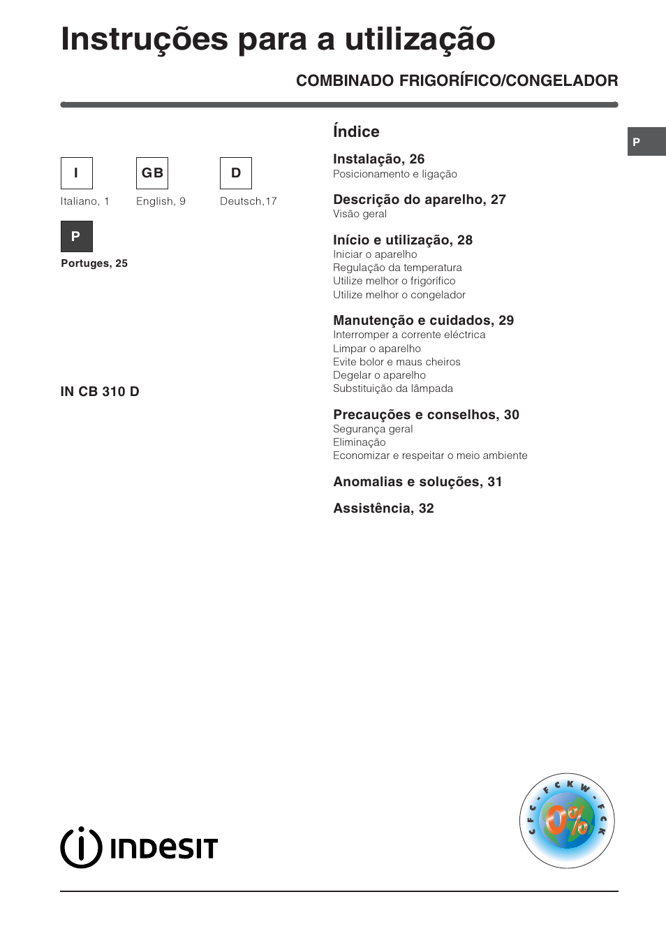 Instruções para a utilização, Combinado frigorífico/congelador índice | Indesit IN CB 310 D User Manual | Page 25 / 32
