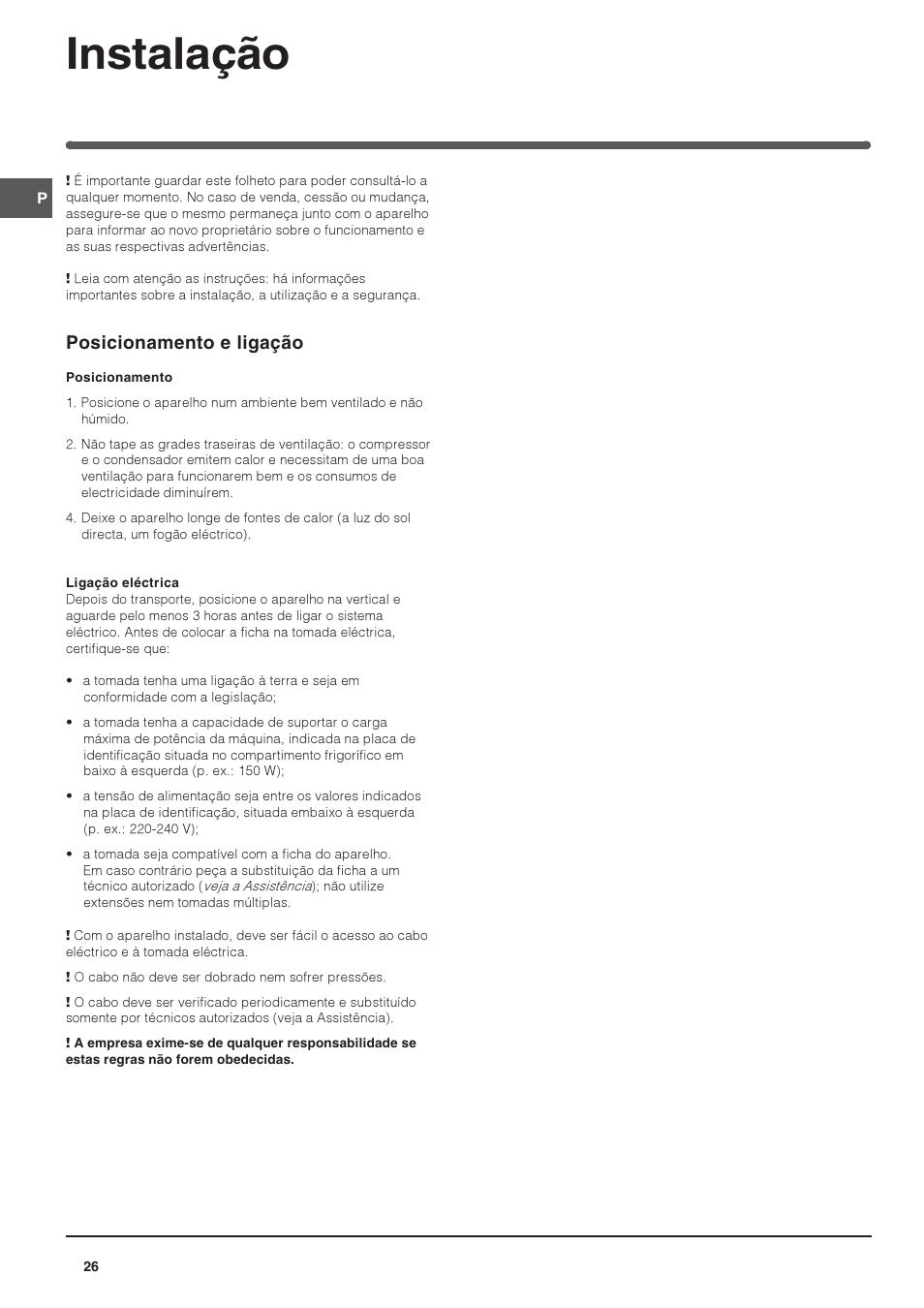 Instalação, Posicionamento e ligação | Indesit IN CB 310 D User Manual | Page 26 / 32
