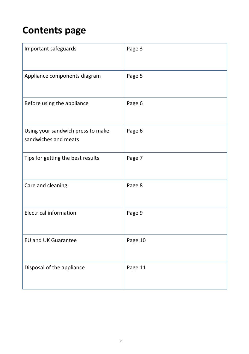 Contents page | Andrew James AJ000061 Sandwich Press User Manual | Page 2 / 11
