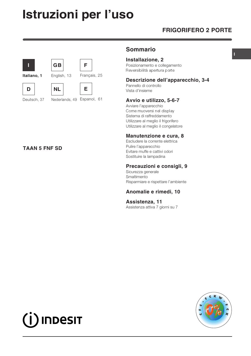 Indesit TAAN 5 FNF S D User Manual | 72 pages