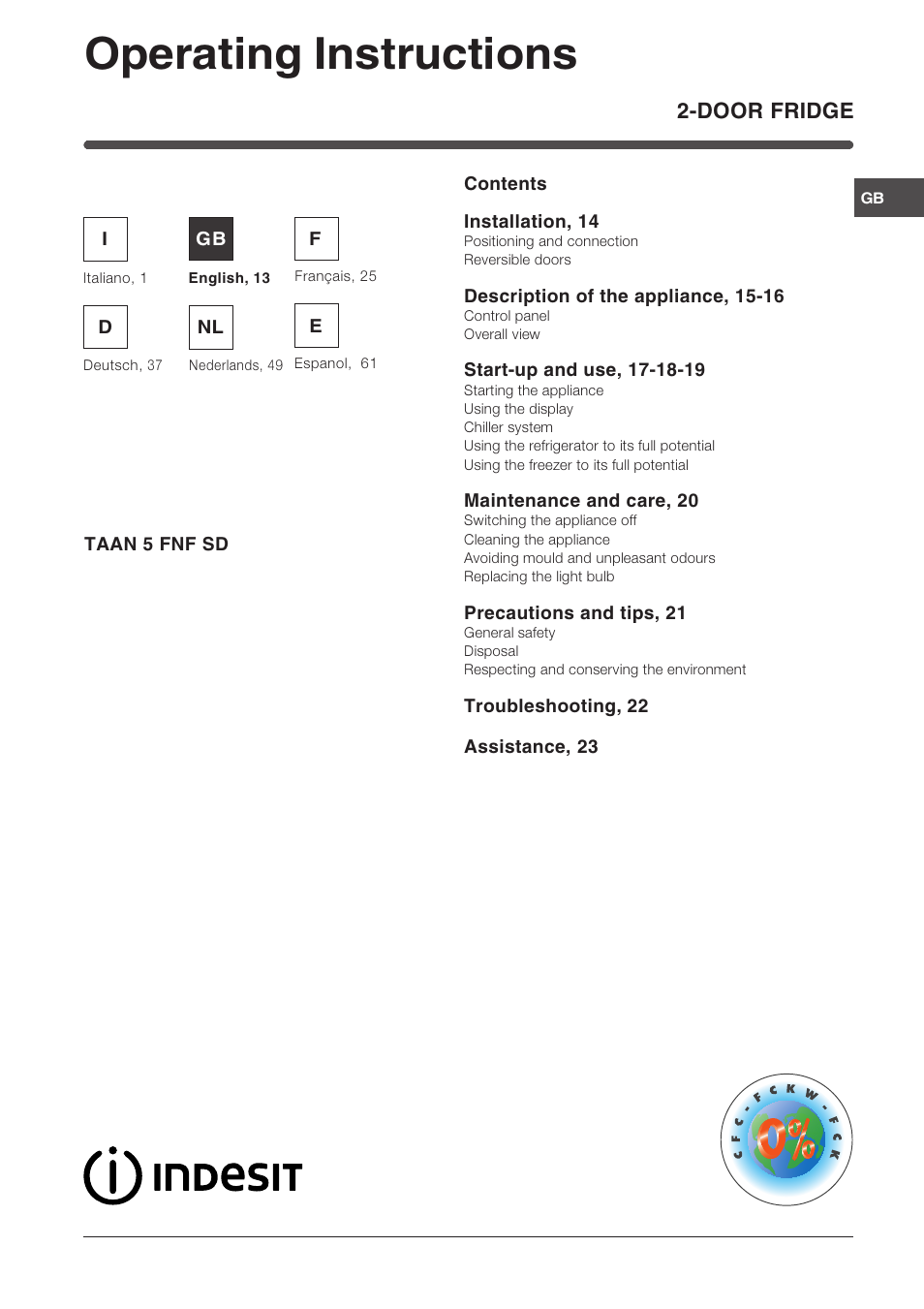 Operating instructions, Door fridge | Indesit TAAN 5 FNF S D User Manual | Page 13 / 72