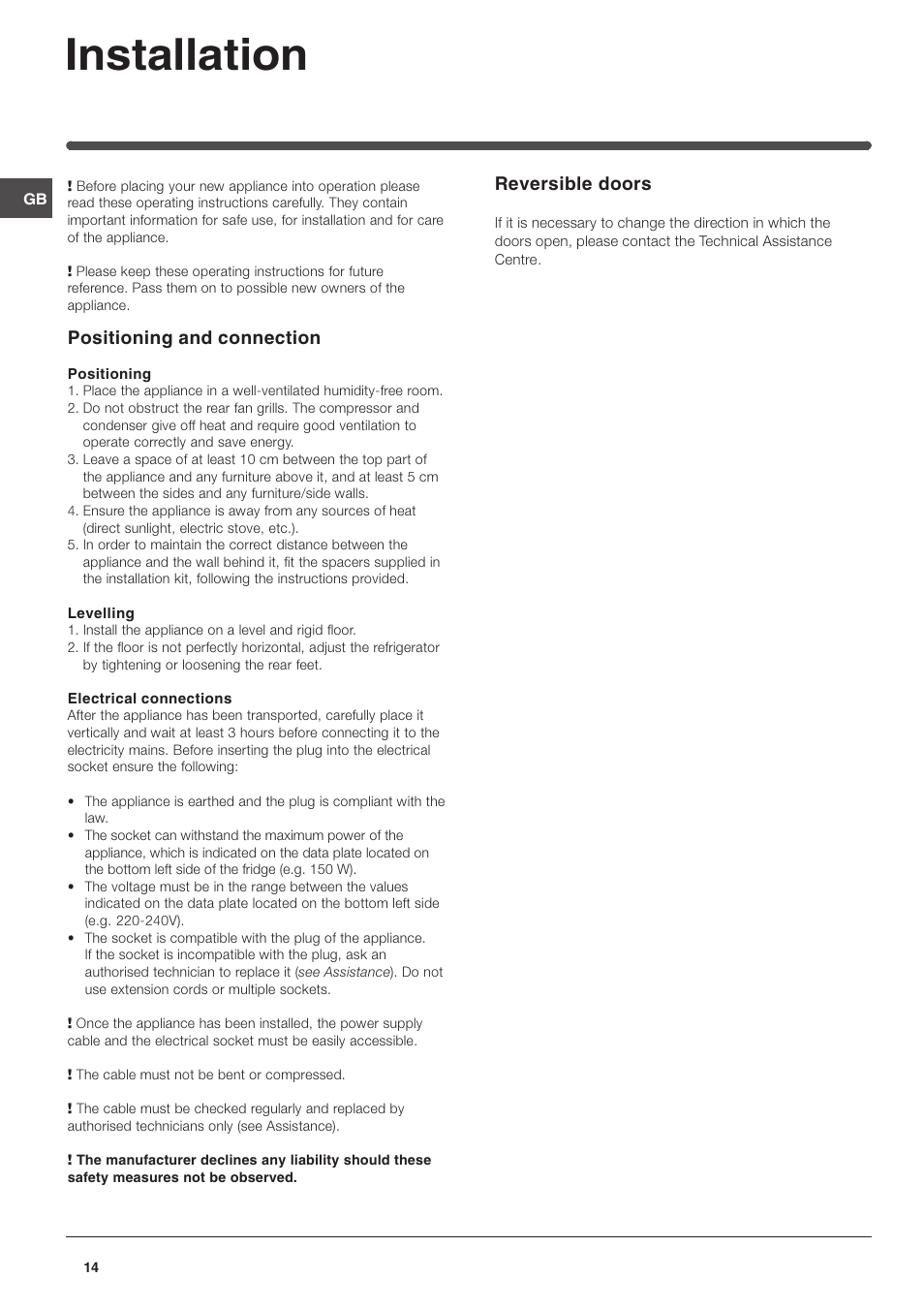 Installation, Positioning and connection, Reversible doors | Indesit TAAN 5 FNF S D User Manual | Page 14 / 72