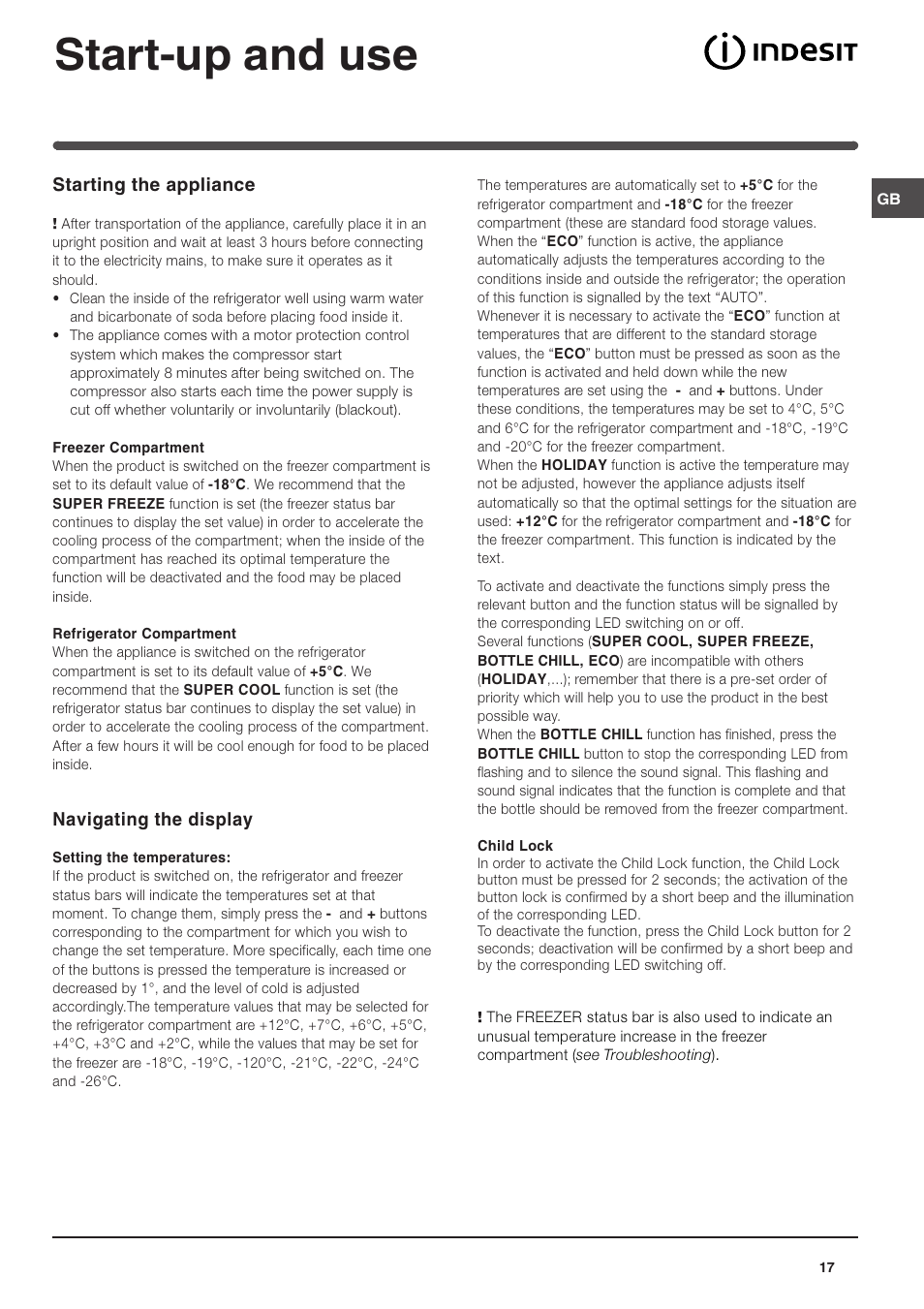 Start-up and use, Starting the appliance, Navigating the display | Indesit TAAN 5 FNF S D User Manual | Page 17 / 72