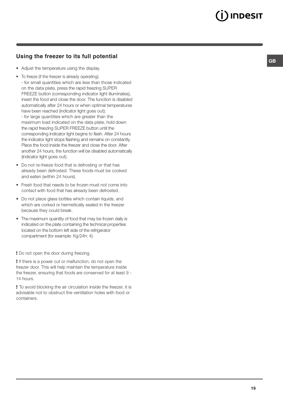 Using the freezer to its full potential | Indesit TAAN 5 FNF S D User Manual | Page 19 / 72