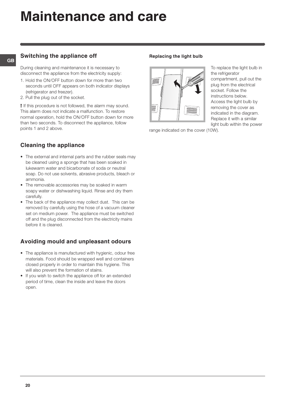 Maintenance and care | Indesit TAAN 5 FNF S D User Manual | Page 20 / 72