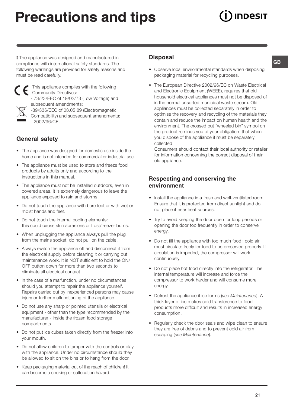 Precautions and tips, General safety, Disposal | Respecting and conserving the environment | Indesit TAAN 5 FNF S D User Manual | Page 21 / 72