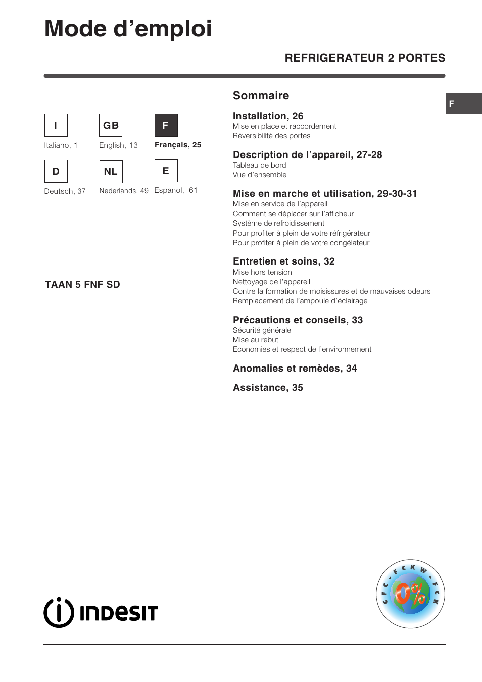 Mode demploi, Refrigerateur 2 portes, Sommaire | Indesit TAAN 5 FNF S D User Manual | Page 25 / 72