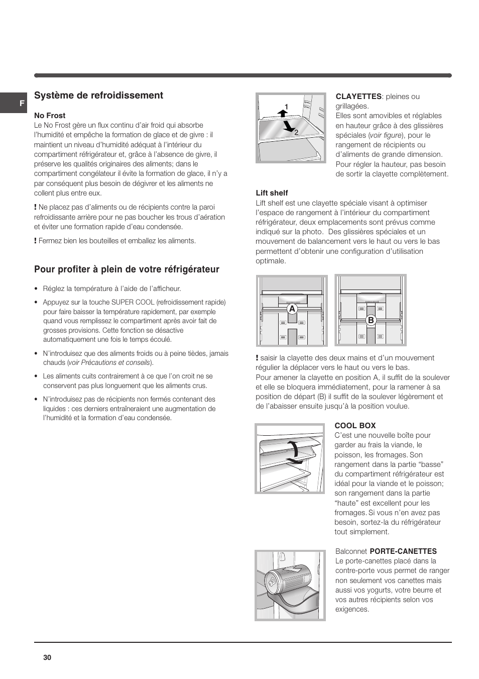 Système de refroidissement, Pour profiter à plein de votre réfrigérateur | Indesit TAAN 5 FNF S D User Manual | Page 30 / 72