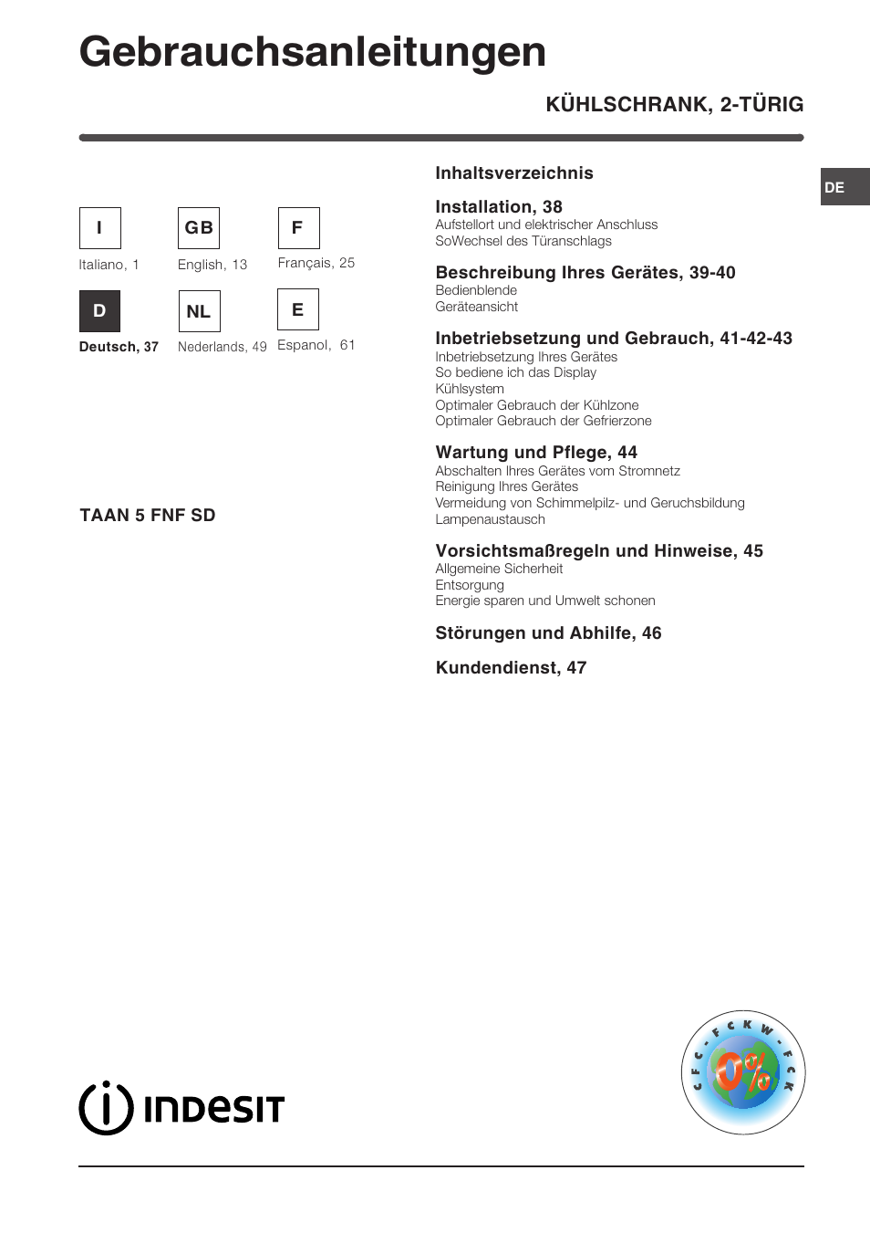Gebrauchsanleitungen, Kühlschrank, 2-türig | Indesit TAAN 5 FNF S D User Manual | Page 37 / 72