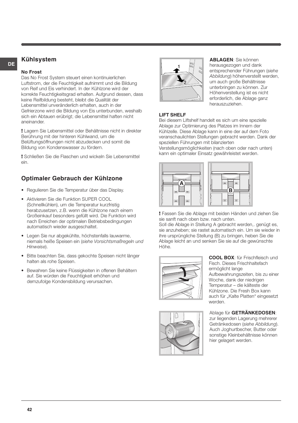 Kühlsystem, Optimaler gebrauch der kühlzone | Indesit TAAN 5 FNF S D User Manual | Page 42 / 72