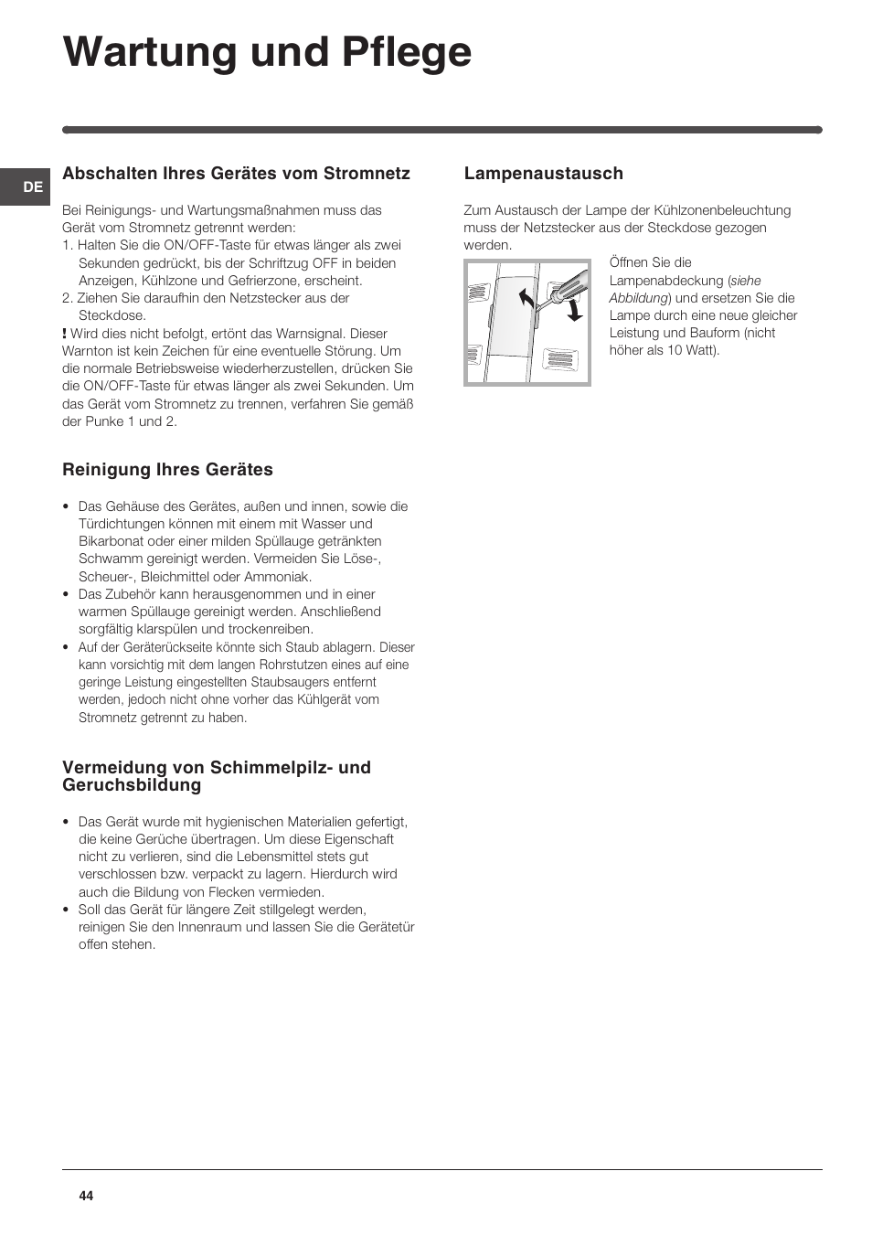 Wartung und pflege | Indesit TAAN 5 FNF S D User Manual | Page 44 / 72