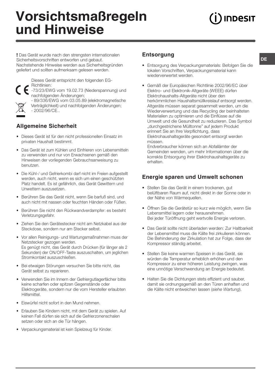 Vorsichtsmaßregeln und hinweise | Indesit TAAN 5 FNF S D User Manual | Page 45 / 72