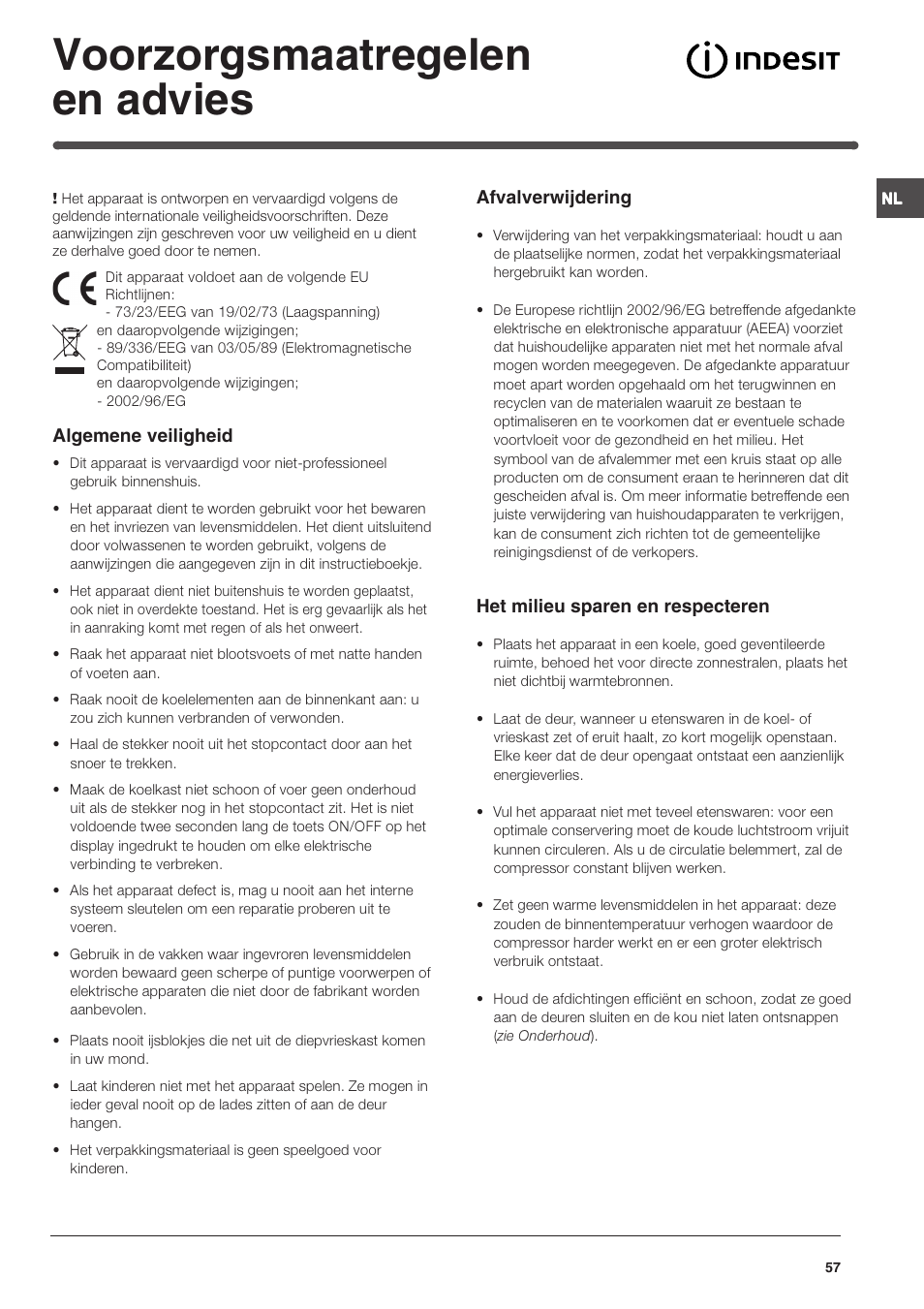Voorzorgsmaatregelen en advies | Indesit TAAN 5 FNF S D User Manual | Page 57 / 72