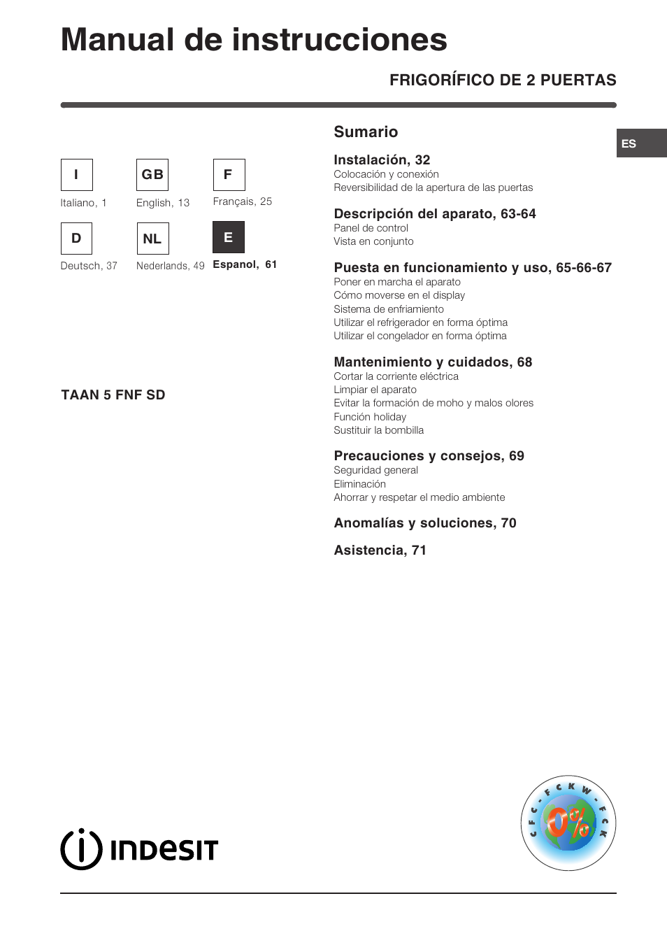 Manual de instrucciones, Frigorífico de 2 puertas sumario | Indesit TAAN 5 FNF S D User Manual | Page 61 / 72