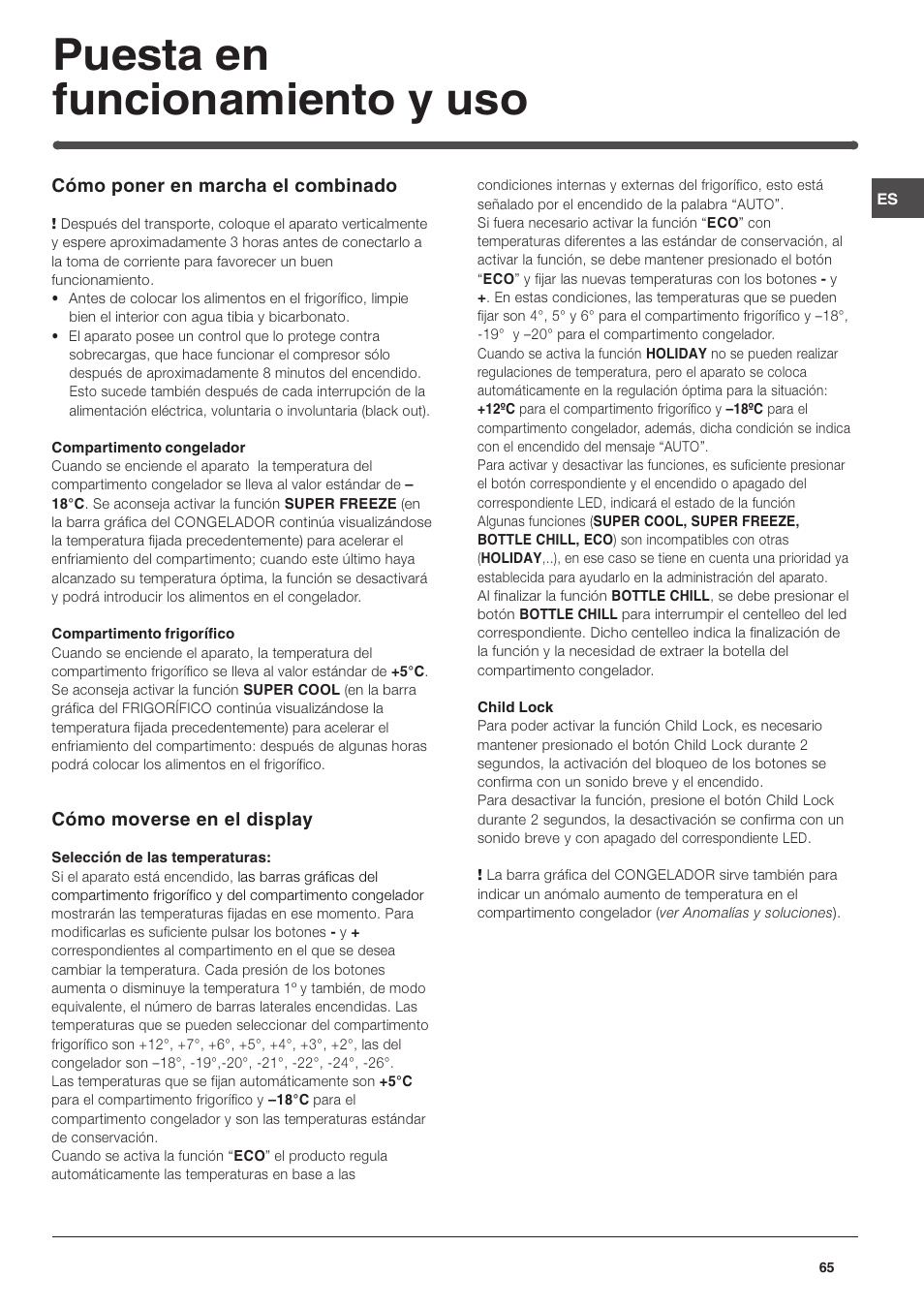 Puesta en funcionamiento y uso | Indesit TAAN 5 FNF S D User Manual | Page 65 / 72