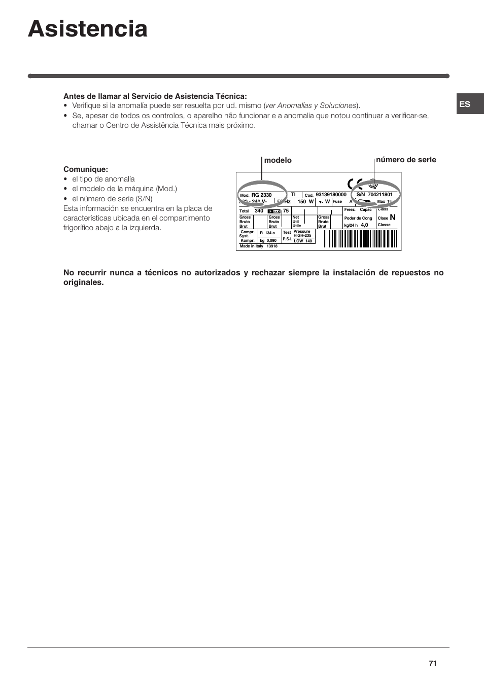 Asistencia, Modelo número de serie | Indesit TAAN 5 FNF S D User Manual | Page 71 / 72