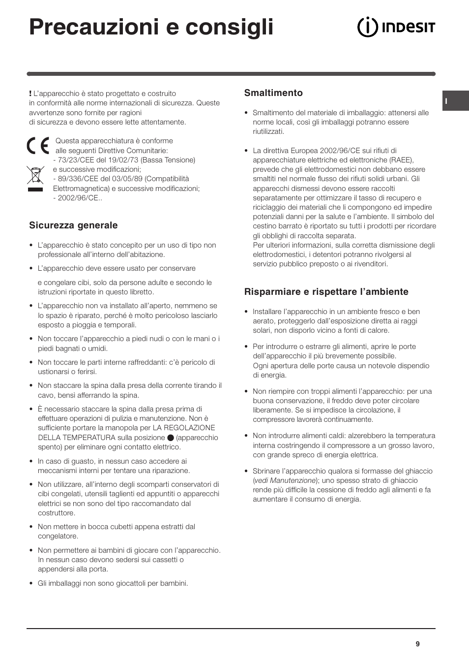 Precauzioni e consigli, Sicurezza generale, Smaltimento | Risparmiare e rispettare lambiente | Indesit TAAN 5 FNF S D User Manual | Page 9 / 72