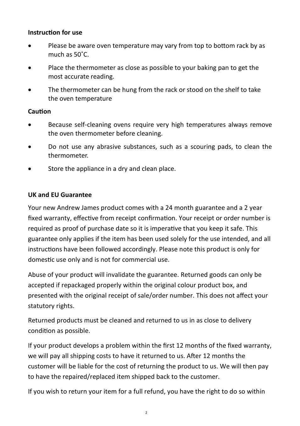Andrew James AJ000047 Oven Thermometer User Manual | Page 2 / 3