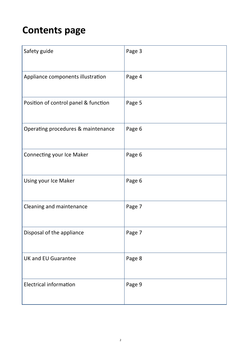 Contents page | Andrew James AJ000220 Ice Cube Maker User Manual | Page 2 / 10