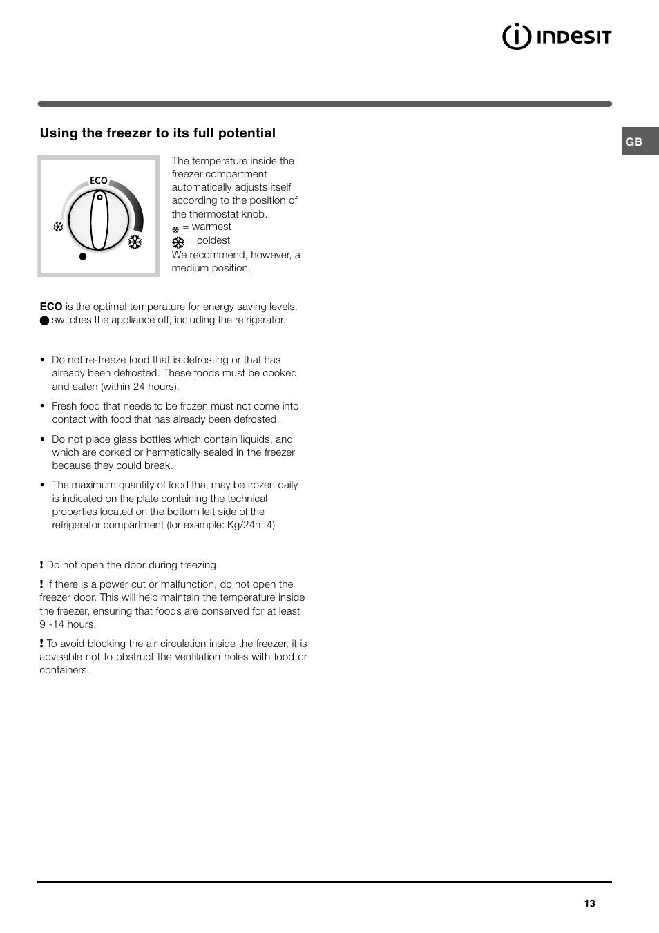 Using the freezer to its full potential | Indesit TAN 5 FNF S User Manual | Page 13 / 64