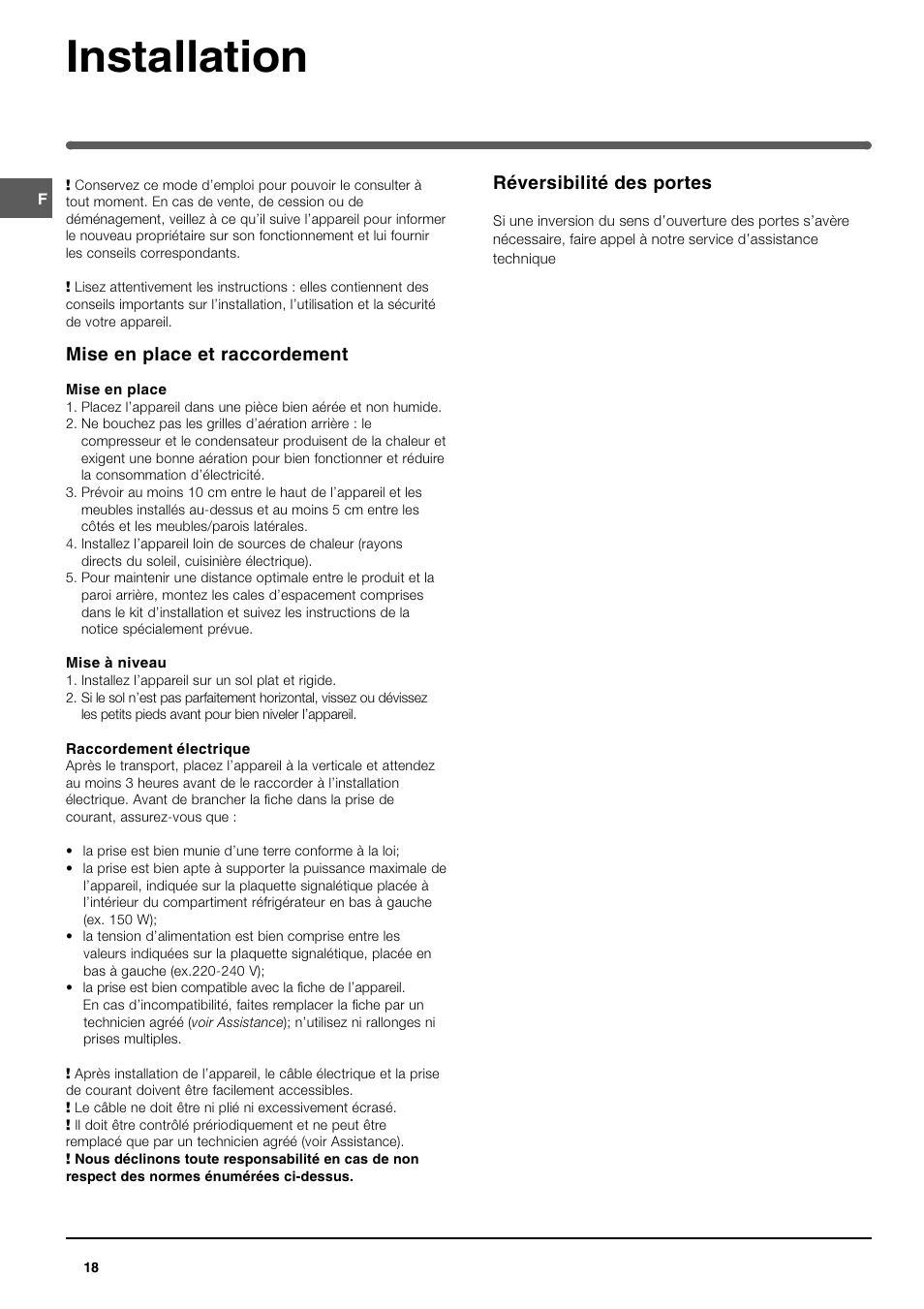 Installation, Mise en place et raccordement, Réversibilité des portes | Indesit TAN 5 FNF S User Manual | Page 18 / 64