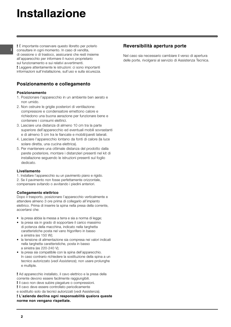 Installazione, Reversibilità apertura porte, Posizionamento e collegamento | Indesit TAN 5 FNF S User Manual | Page 2 / 64
