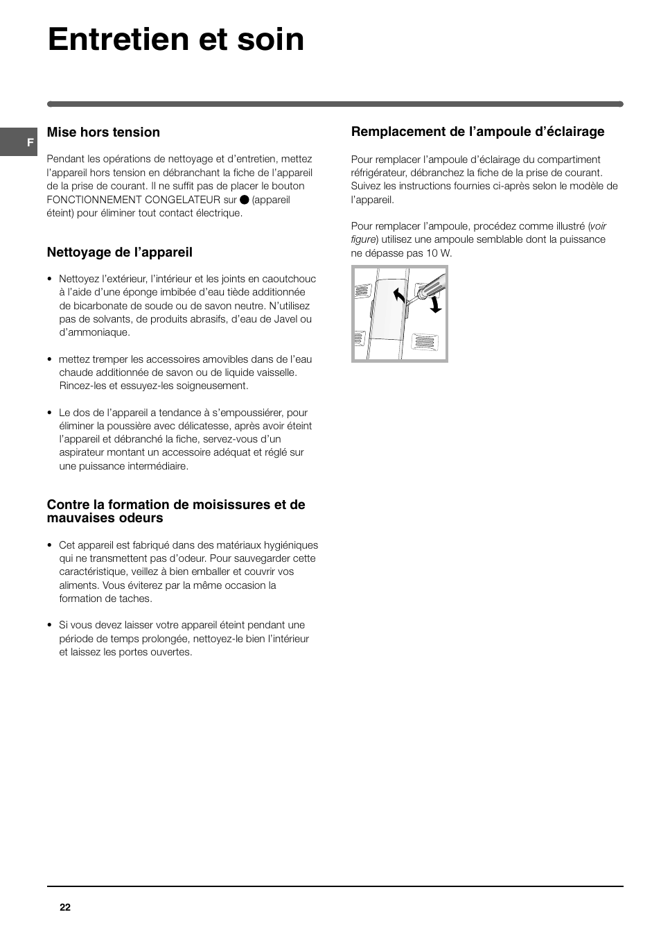 Entretien et soin | Indesit TAN 5 FNF S User Manual | Page 22 / 64