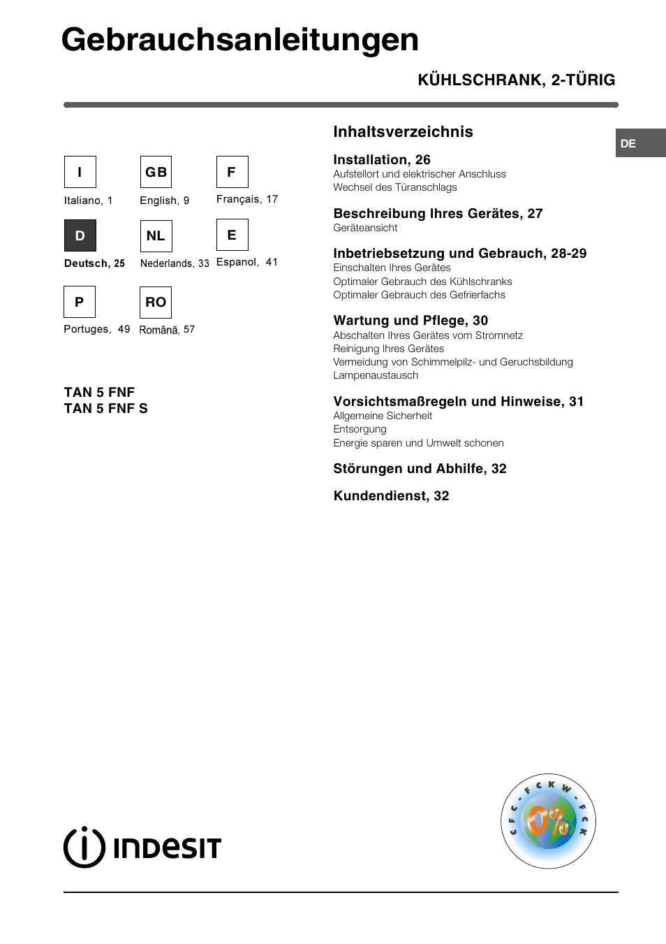 Gebrauchsanleitungen, Kühlschrank, 2-türig inhaltsverzeichnis | Indesit TAN 5 FNF S User Manual | Page 25 / 64