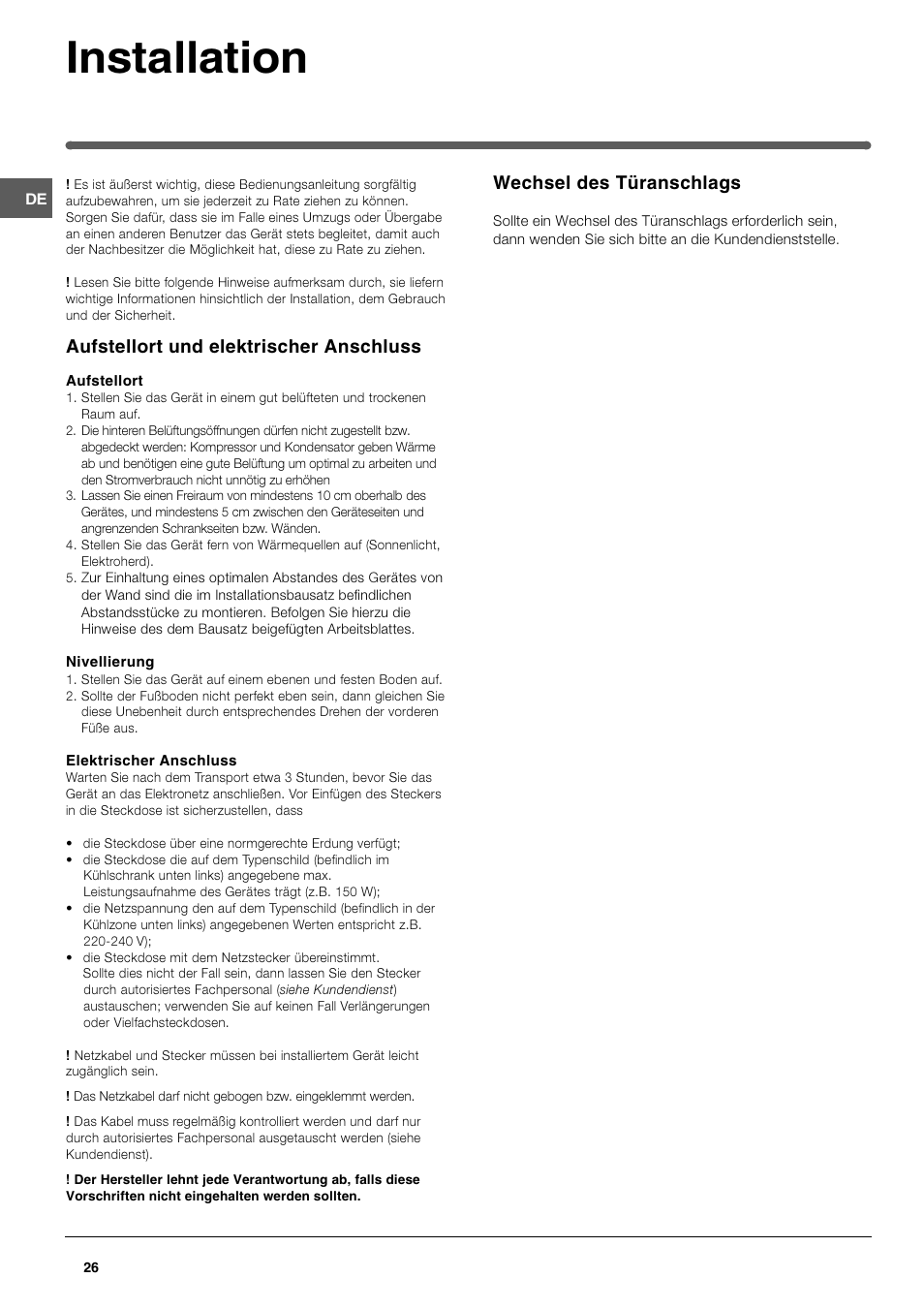 Installation, Aufstellort und elektrischer anschluss, Wechsel des türanschlags | Indesit TAN 5 FNF S User Manual | Page 26 / 64