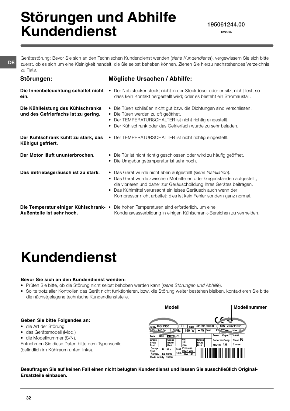 Kundendienst, Störungen und abhilfe kundendienst, Störungen | Mögliche ursachen / abhilfe | Indesit TAN 5 FNF S User Manual | Page 32 / 64