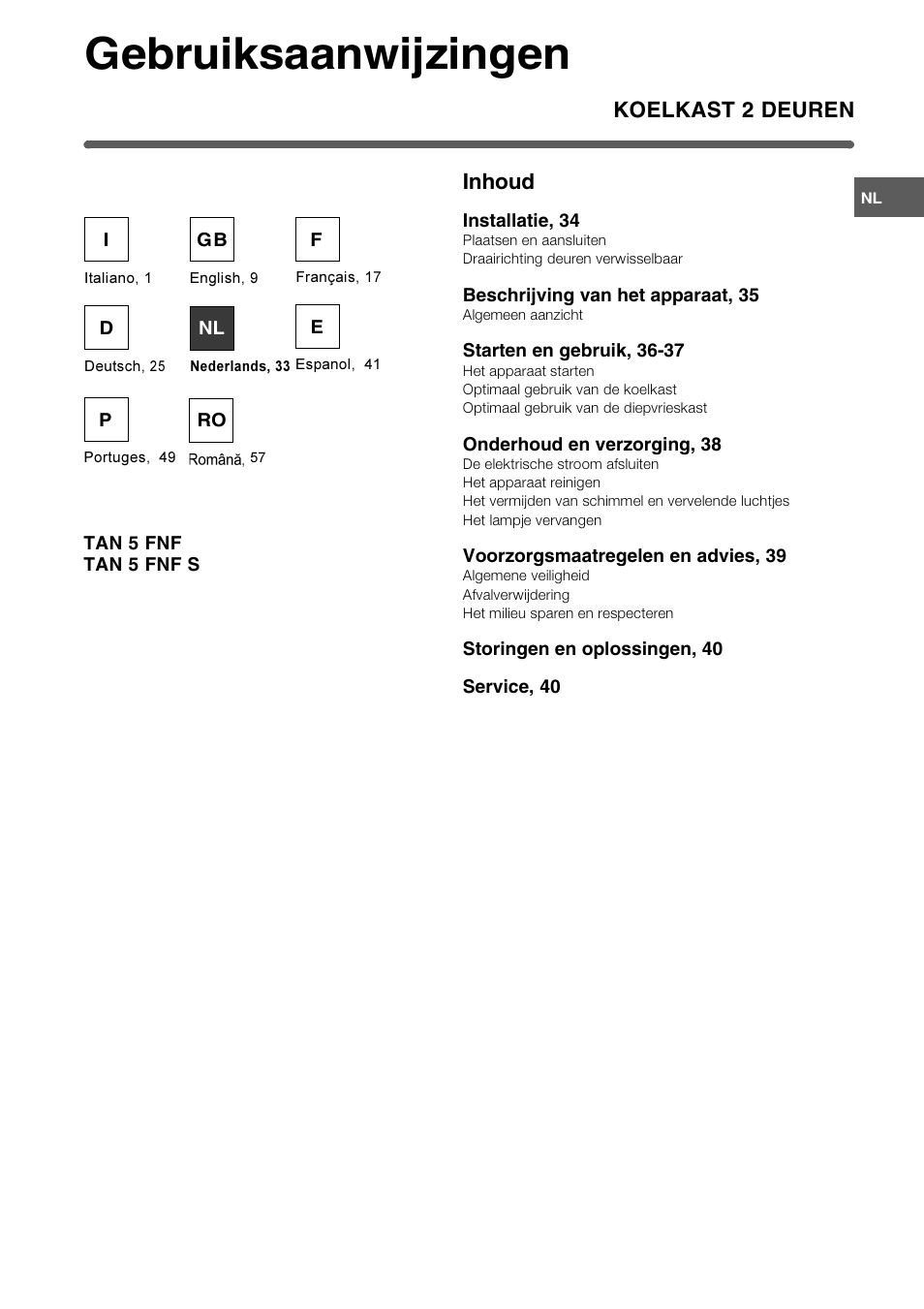 Gebruiksaanwijzingen, Koelkast 2 deuren inhoud | Indesit TAN 5 FNF S User Manual | Page 33 / 64