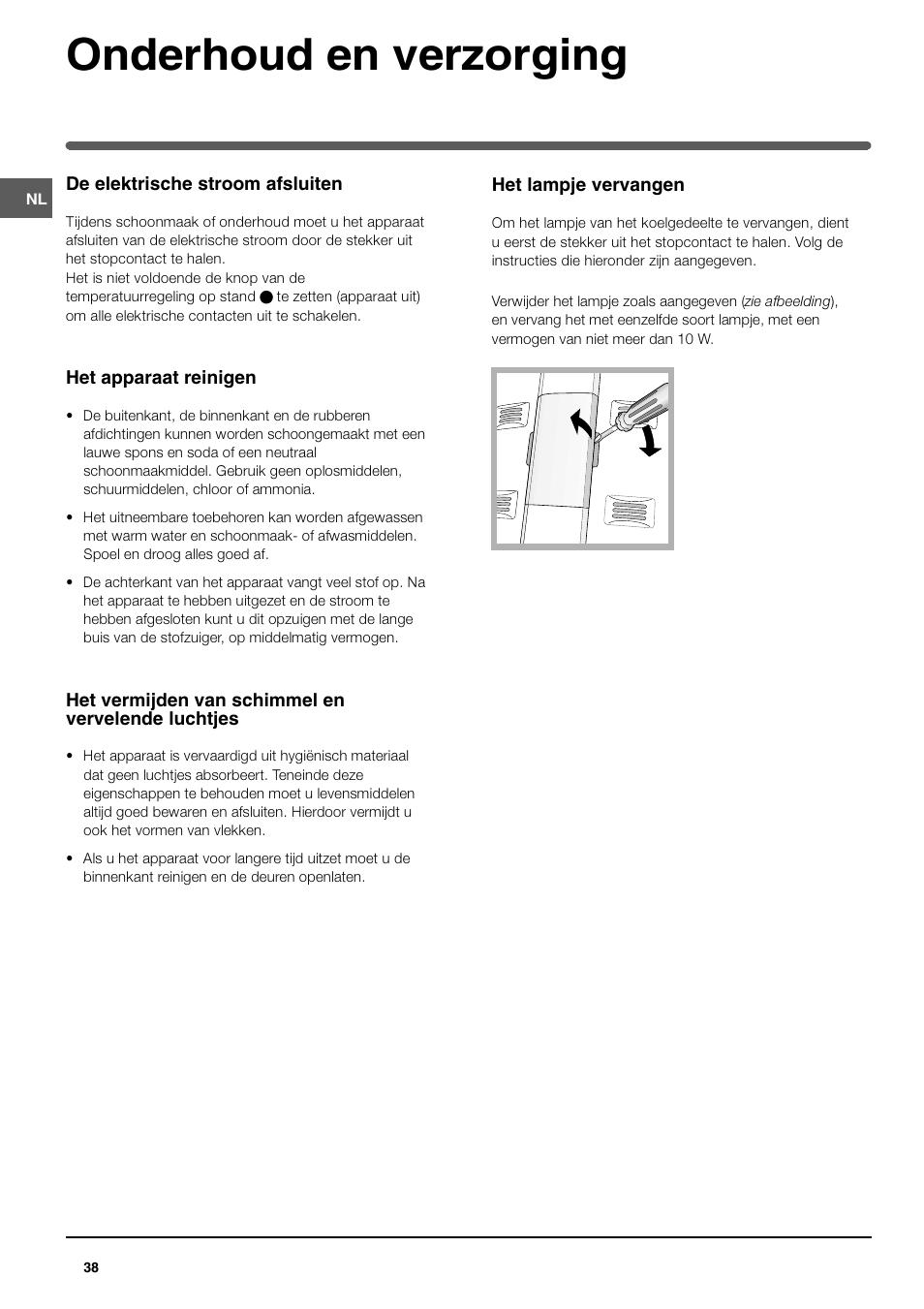 Onderhoud en verzorging | Indesit TAN 5 FNF S User Manual | Page 38 / 64