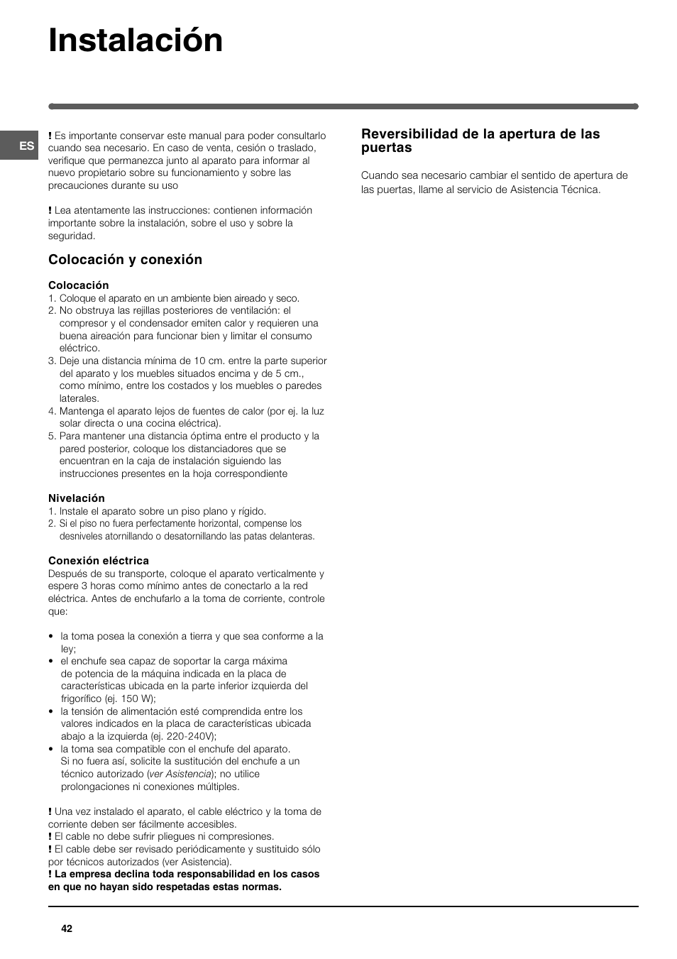 Instalación, Colocación y conexión, Reversibilidad de la apertura de las puertas | Indesit TAN 5 FNF S User Manual | Page 42 / 64