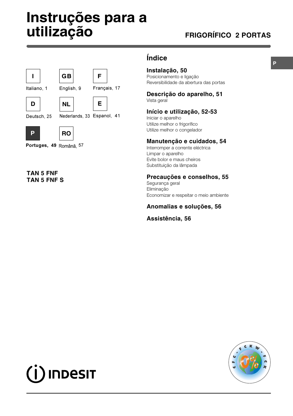 Instruções para a utilização, Frigorífico 2 portas índice | Indesit TAN 5 FNF S User Manual | Page 49 / 64
