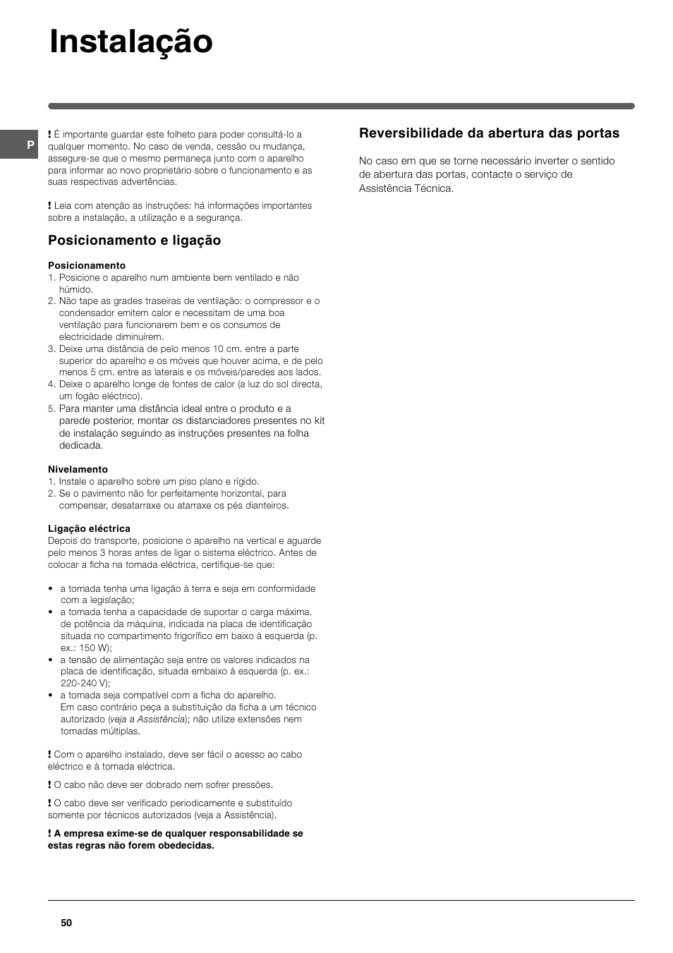 Instalação, Posicionamento e ligação, Reversibilidade da abertura das portas | Indesit TAN 5 FNF S User Manual | Page 50 / 64