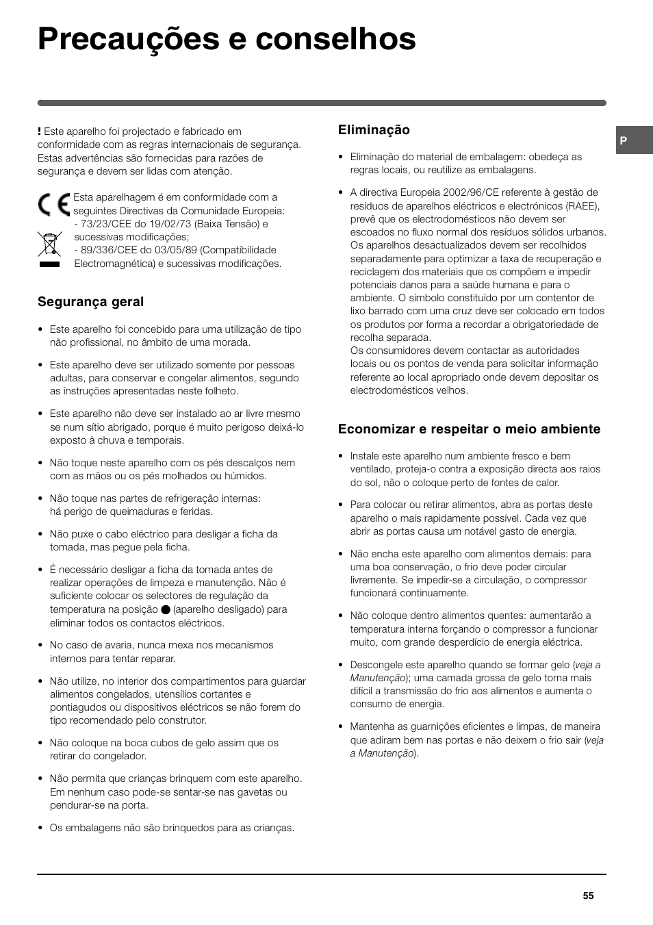 Precauções e conselhos, Eliminação, Economizar e respeitar o meio ambiente | Segurança geral | Indesit TAN 5 FNF S User Manual | Page 55 / 64