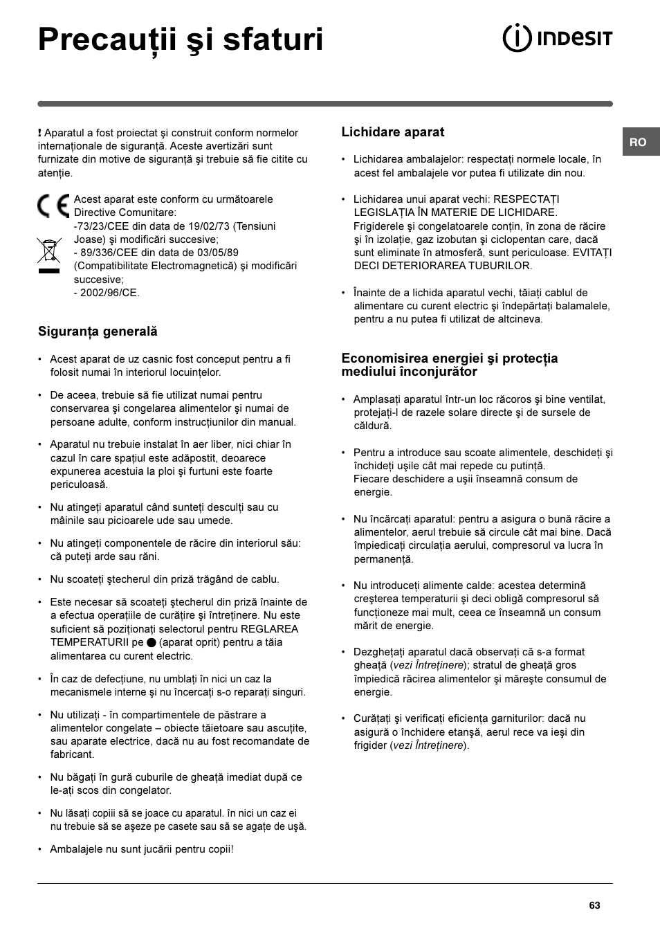 Precauþii ºi sfaturi | Indesit TAN 5 FNF S User Manual | Page 63 / 64