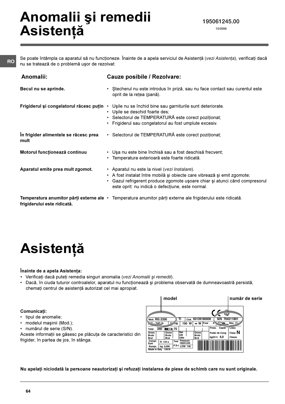 Asistenþã, Anomalii ºi remedii asistenþã, Anomalii | Cauze posibile / rezolvare | Indesit TAN 5 FNF S User Manual | Page 64 / 64