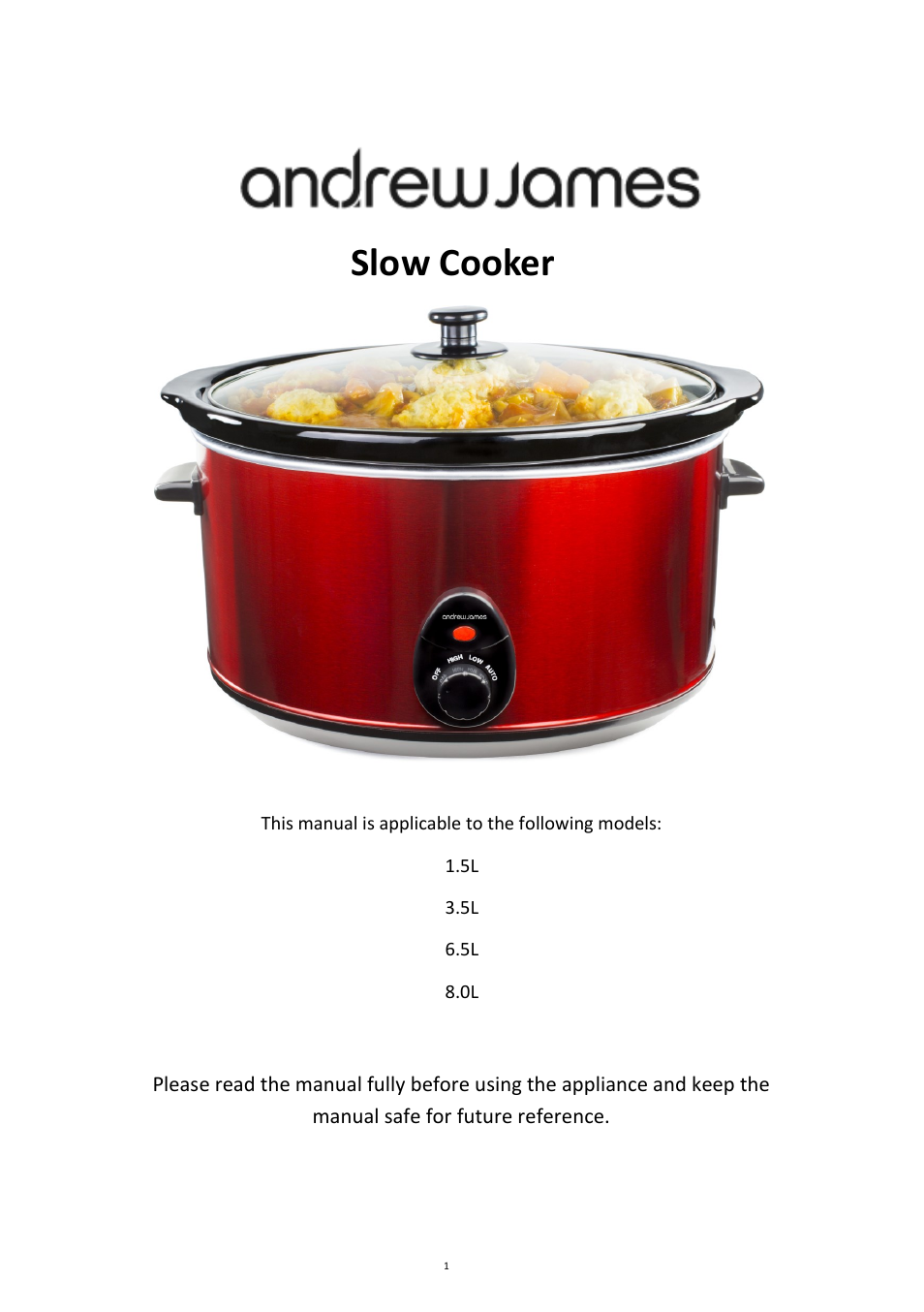 Andrew James AJ000510 1.5 Litre Premium Slow Cooker User Manual | 12 pages