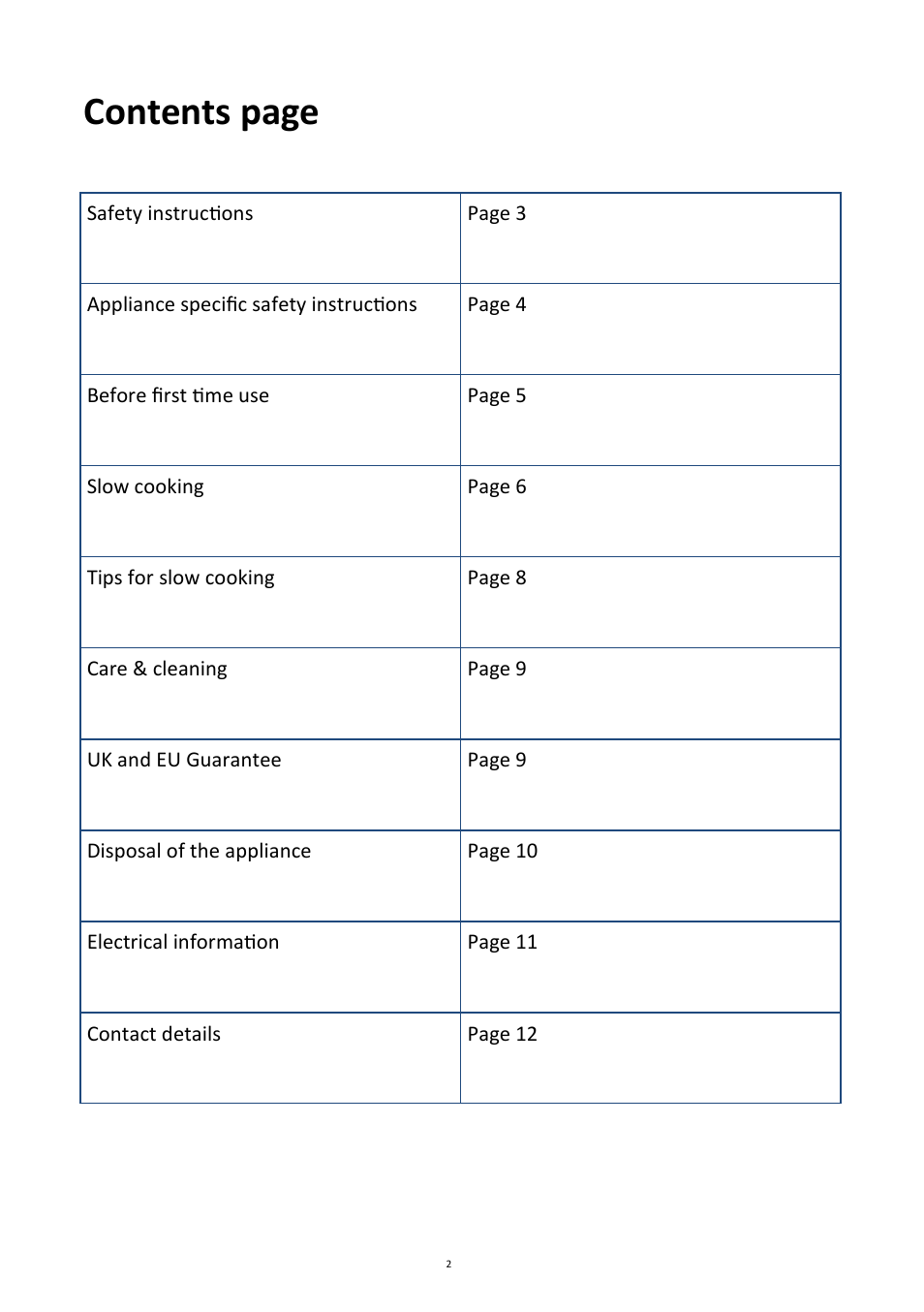 Contents page | Andrew James AJ000510 1.5 Litre Premium Slow Cooker User Manual | Page 2 / 12