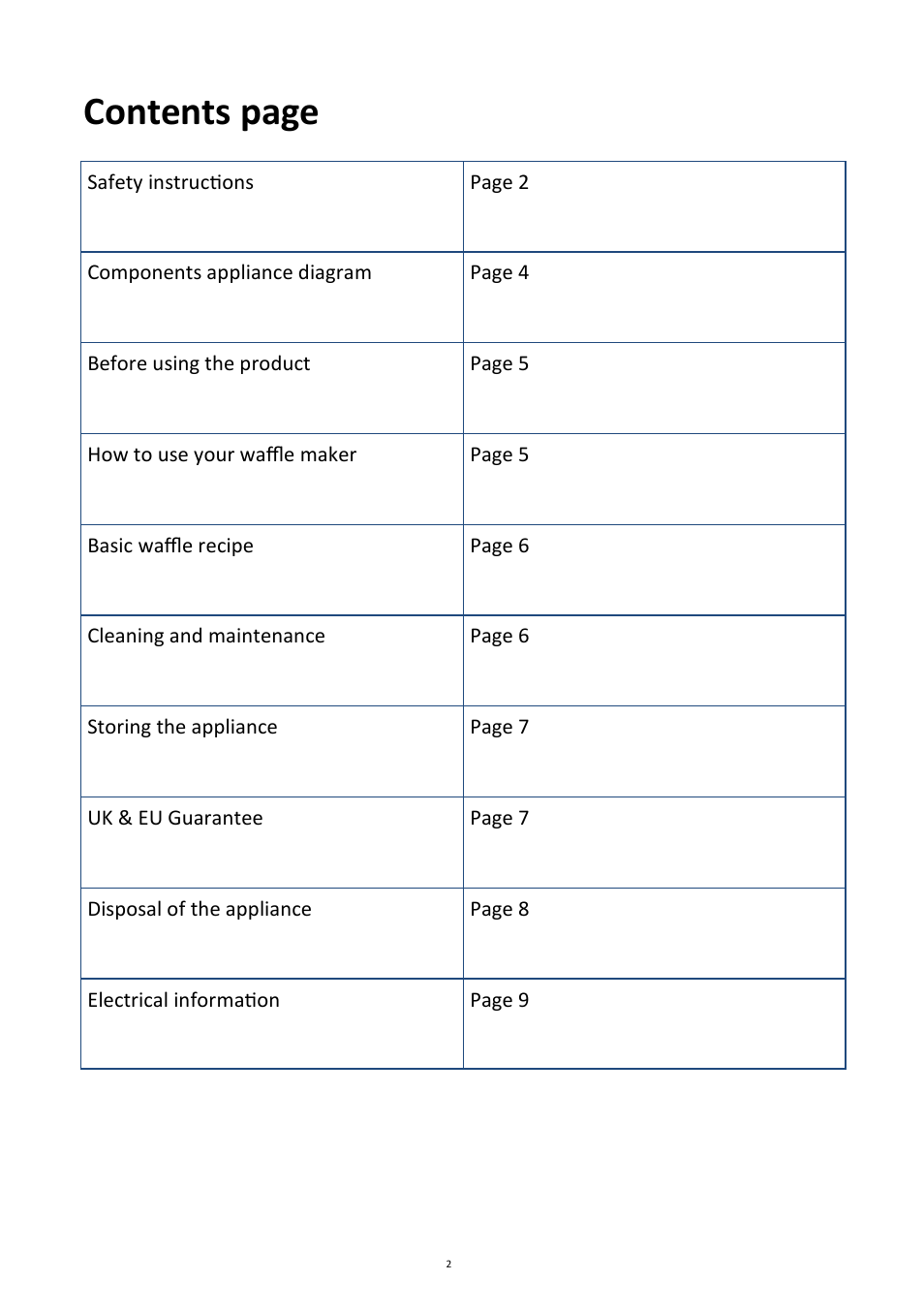 Contents page | Andrew James AJ000011 Belgian Waffle Maker with Waffle Mix User Manual | Page 2 / 11