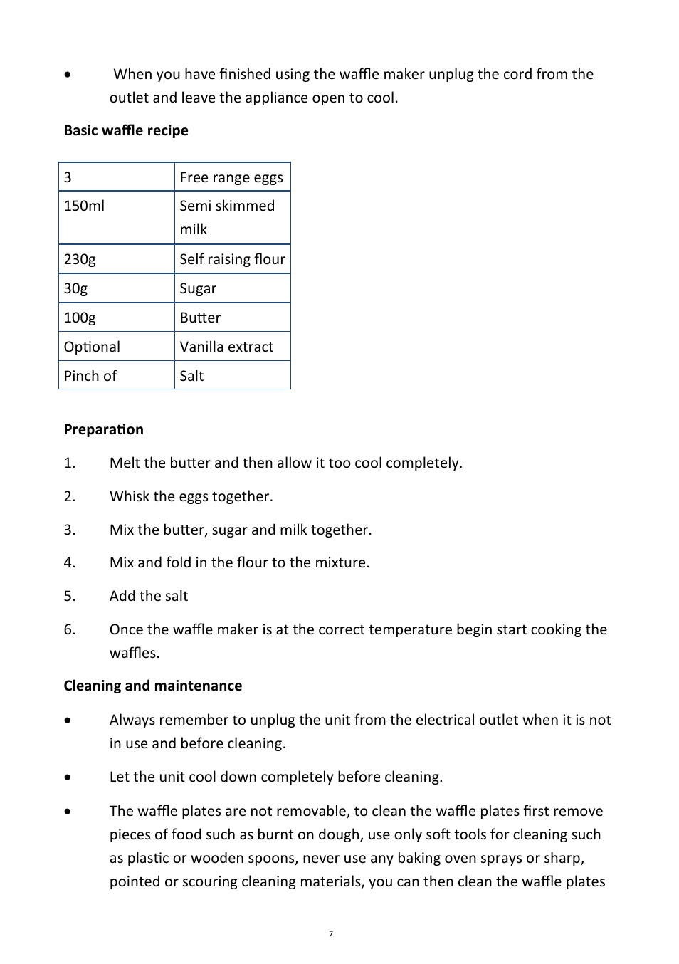 Andrew James AJ000011 Belgian Waffle Maker with Waffle Mix User Manual | Page 7 / 11