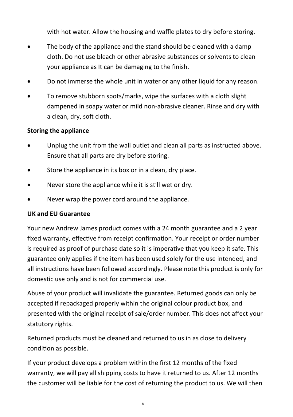 Andrew James AJ000011 Belgian Waffle Maker with Waffle Mix User Manual | Page 8 / 11