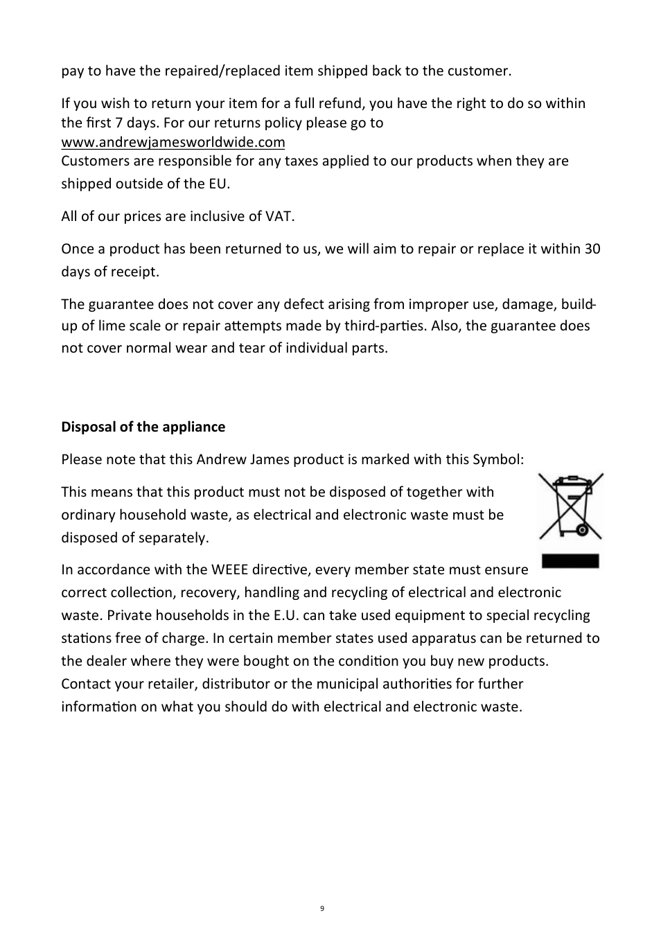 Andrew James AJ000011 Belgian Waffle Maker with Waffle Mix User Manual | Page 9 / 11