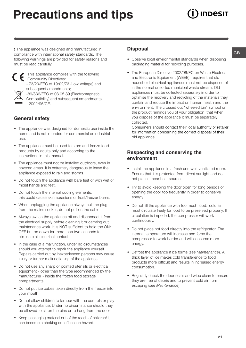 Precautions and tips, General safety, Disposal | Respecting and conserving the environment | Indesit TAAN 5 FNF NX D User Manual | Page 21 / 72