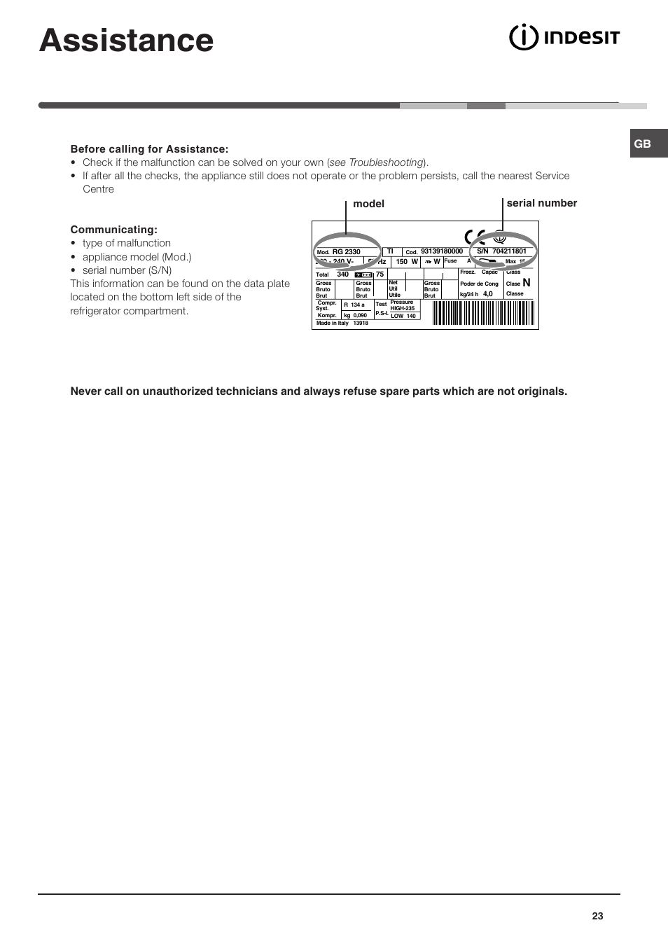 Assistance, Model serial number | Indesit TAAN 5 FNF NX D User Manual | Page 23 / 72